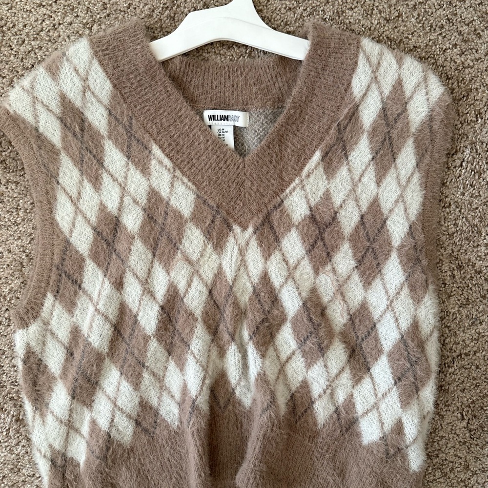 William Rast Tan and Cream Argyle V-Neck Sweater Vest